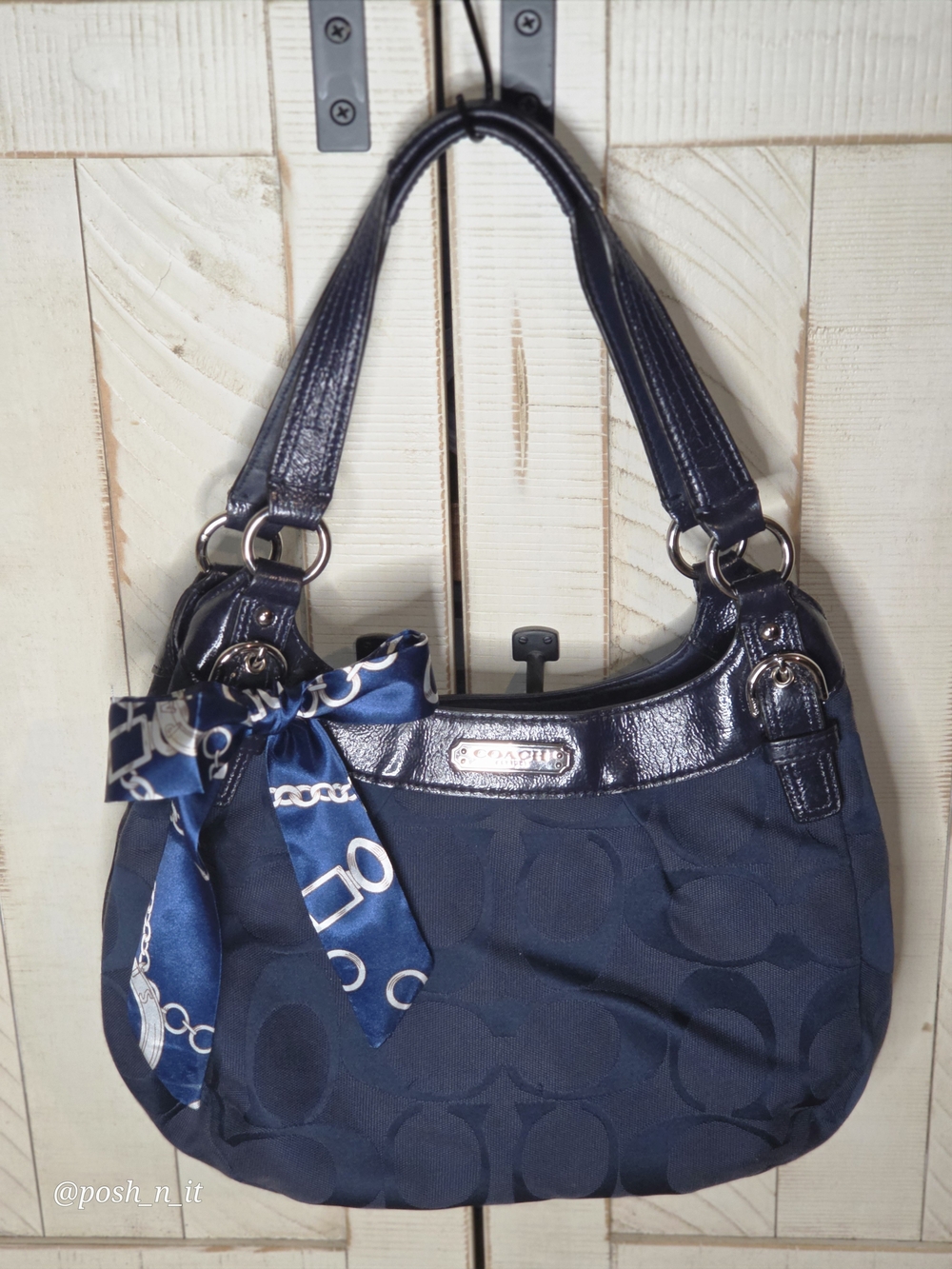 Coach Navy Signature Hobo Bag with Decorative Scarf